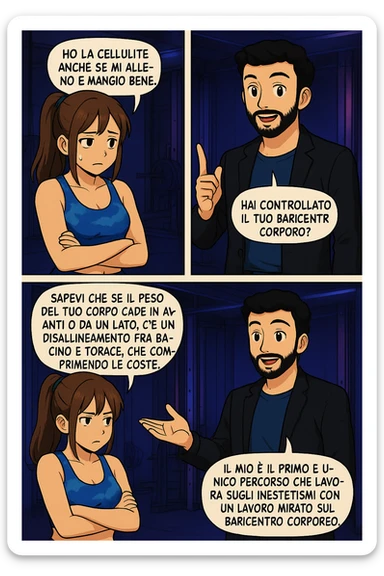PRENDI SPUNTO DA QUESTO STILE FACENDO UN WEBTOON/MANGA:

LEI: Ho la cellulite anche se mi alleno e mangio bene, cosa posso fare?

LUI: Hai controllato il tuo baricentro corporeo?
LUI: Sapevi che se il peso del tuo corpo cade in avanti o da un lato, c’è un disallineamento fra bacino e torace, che comprimendo le coste, limita la motilità del diaframma e l’ossigenazione dei tessuti?
LUI: Il mio è il primo e unico percorso che lavora sugli inestetismi con un lavoro mirato sul baricentro corporeo. sticker