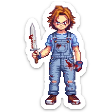 Chucky in overalls, holding a blood-stained knife, menacing pose sticker