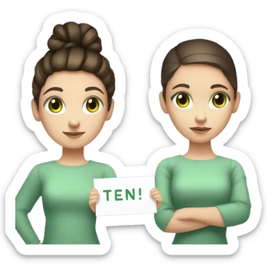 young girl with brunette hair tied up in a high bun and brunette hair, light green eyes the girl who is holding a sign with a ten sticker