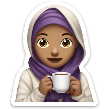 A veiled white scarf, light skin color, dark brown-eyed girl holding a tea cup in her hands and a purple and black cashmere scarf on her shoulders cute sticker