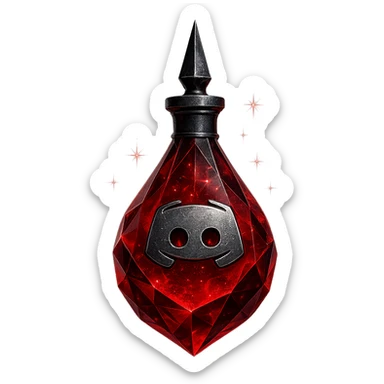 luxurious crystal elixir bottle in the shape of a drop, inspired by Discord, edgy and cool vibe, deep red color, black and silver details, magical glowing and sparkling effects, very small neck, seamless bottom, transparent background, bottle clearly floating in air, no base or shadow, modern, collection style sticker