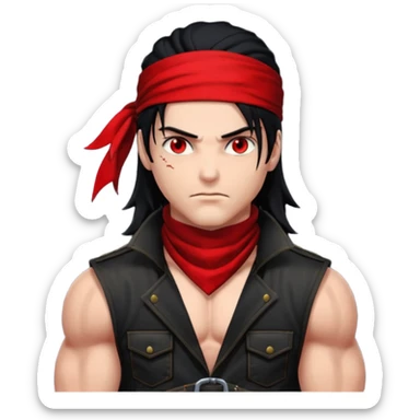 Vincent Valentine from Final Fantasy 7, close-up face, glowing red eyes, black hair, red bandana sticker