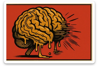 brain made of gold wires and circuits, partially melting and glitching, symbolizing sabotage, old school comic book style, 16:9 aspect ratio sticker