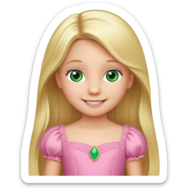 a 5 year old girl with long blond hair green eyes wearing a pink gown sticker