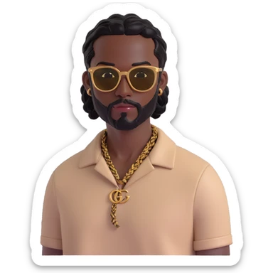3D emoji of a man with dark skin, black hair in small braids, well-groomed beard, rectangular gold sunglasses, light beige Gucci top with GG monogram pattern, visible collar sticker