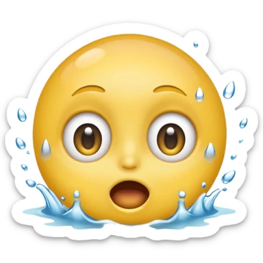 Classic yellow emojis face with super wide eyes and a large open mouth and a splash of water hitting its face sticker