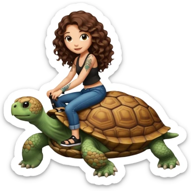 ccute woman long curly brown hair tattoos riding big tortoise sticker