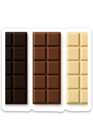 3 emoji stile iphone di BARRETTE DI CIOCCOLATO, UNA FONDENTE, UNA AL LATTE E UNA BIANCA, CON OMBRA REALISTICA, VISTE DALL'ALTO, IPERREALISTICO 4K sticker