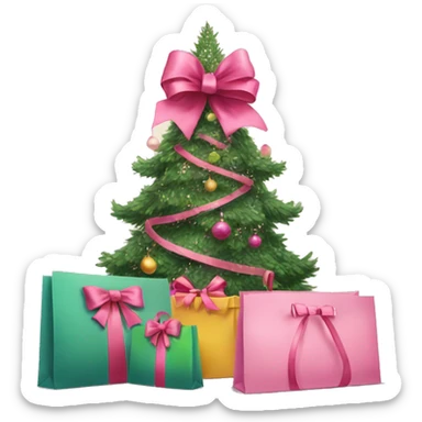  christmas tree with a pink bow an shopping bags underneeth sticker