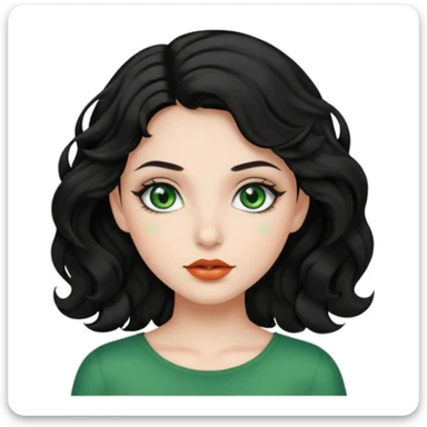 A girl with green eyes, black wavy hair with clean girl make up sticker