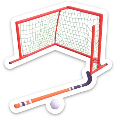 field hockey stick and ball on vibrant green grass field with goalposts sticker