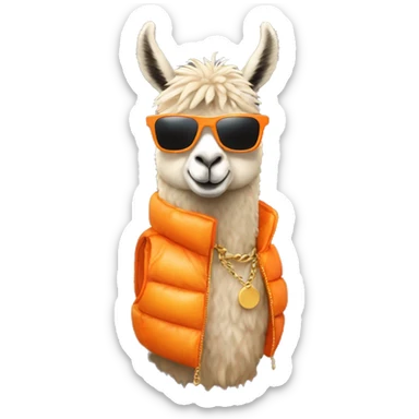 llama wearing an orange puffer vest and sun glasses gold chain sticker