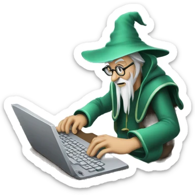 Wizard typing on a computer sticker