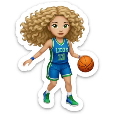 full figure light latino women basketball player with wavy hair wearing blue and green uniform sticker