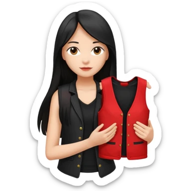 Girl with long light black straight hair and black vest and red and black stack of clothes on hands   sticker