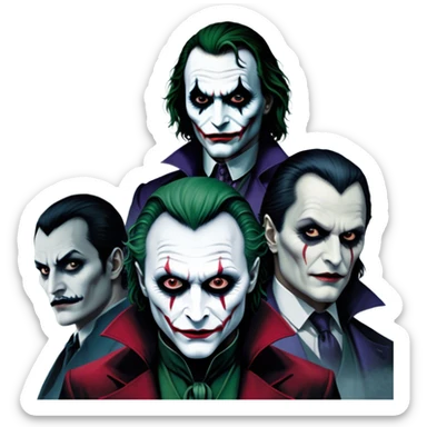 Thriller Movie Icon: A dark, intense collage with close-up images of iconic thriller characters like 1 Joker, 1 Hannibal Lecter, and 1 Vlad Dracula. The background features a moody Gotham City skyline, with shadowy figures and fog. Atmospheric, suspenseful tone. Transparent background. sticker
