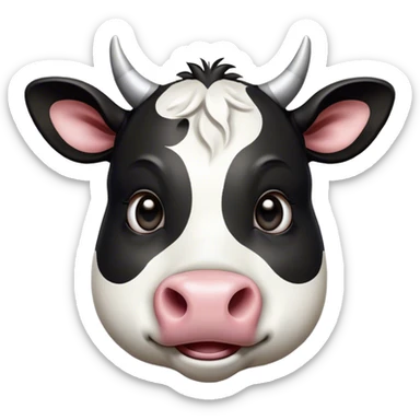 Cinematic Comical Black and White Cow Portrait Emoji, Head tilted dramatically with an exaggeratedly amused expression, featuring a striking, glossy coat of bold black and white, wide, expressive brown eyes filled with playful disbelief, Simplified yet hilariously expressive features, highly detailed, glowing with a slightly sassy glow, high shine, dramatic yet playful, stylized with an air of cheeky mischief, bright and endearing, soft glowing outline, capturing the essence of a spirited and over-the-top cow, so meme-worthy it feels like it could moo its way into internet fame instantly! sticker