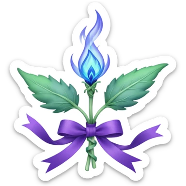 Blue flame enveloping a green sage sprout surrounded by a purple ribbon sticker