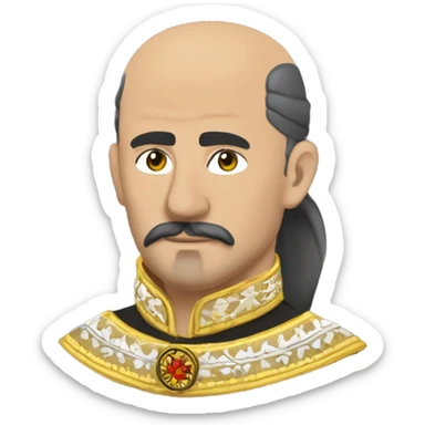 a Cossack warrior, The Cossack has a shaved head and a long strand of hair on one side. He has a thick, curved mustache and wears a gold earring in his left ear. He is wearing a simple Ukrainian embroidered shirt sticker