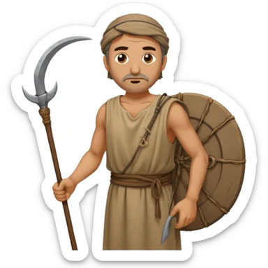 Emoji portrait of a Greek peasant. Rough chiton dress, holding a scythe, tired expression. sticker