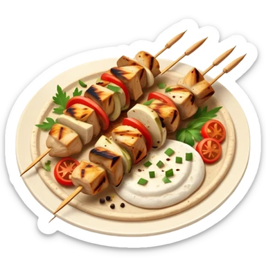 cinematic-realistic-souvlaki-dish-emoji,-showcasing-skewered,-grilled-chicken-with-mediterranean-spices-rendered-with-dynamic-textures-and-warm,-appetizing-lighting on pita bread on a plate sticker