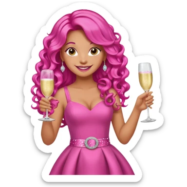 One lady with long hot pink curled hair and tan skin wearing a pink dress with sparkly belt holding a glass of pink champagne in each hand smiling cheerfully  sticker