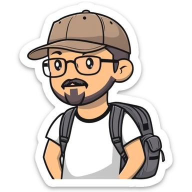adventurer with goatee beard (no beard on cheeks), short hair, glasses, backwards baseball cap and backpack sticker