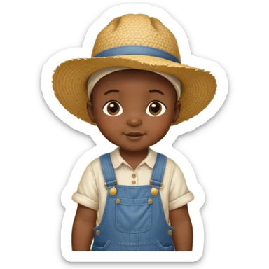 African baby in vintage countryside clothes, overalls, straw hat, chubby cheeks, rural farm setting sticker