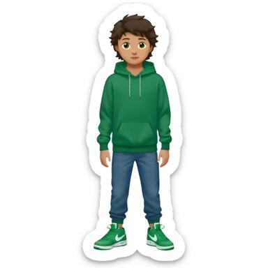 a 14 year old slightly tanned teenage boy with dark brown tousled wavy hair, dark brown eyes wearing a green tshirt, a dark green hoodie, blue jeans and green nike air jordans sticker