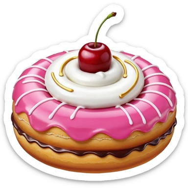 Round donut with smooth shade pink icing and thin white drizzle lines, golden-brown dough visible on the sides.
White whipped cream dollop in the center topped with a glossy red cherry and stem, clean studio lighting, pure white background, realistic minimal emoji-style. sticker