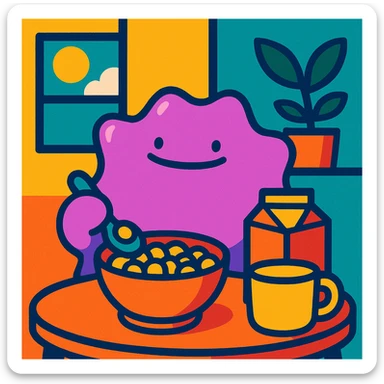 Ditto desayunando, ilustración colorida y simpática sticker