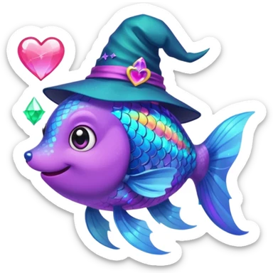 Make the rainbow fish glow with a magical aura and change the blue fox to a neon teal color, keep the purple sparkly witch hat, magical background, and big pink heart in vibrant toon style. sticker