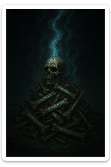 mystical pile of bones, runes glowing on the surface, supernatural energy rising, enchanted fantasy style sticker