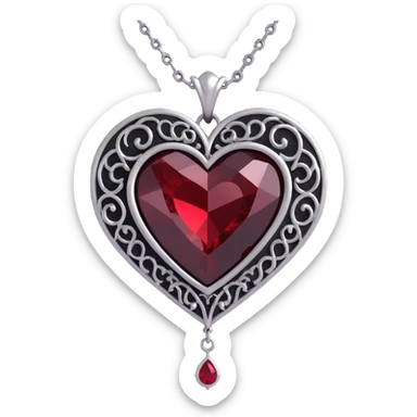 gothic heart, black velvet texture, silver chain fringe, deep red gemstone, dramatic and ornate sticker