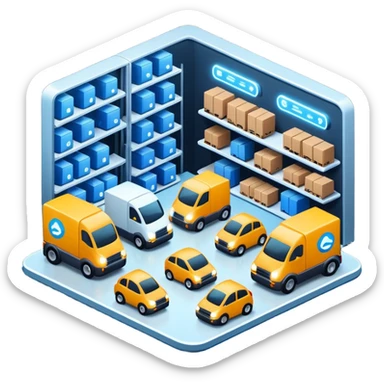 create a realistic emoji of a futuristic warehouse automation. A autonomous trucks, smart drones, and glowing data networks can be part of it as well — cinematic lighting, innovation atmosphere. sticker