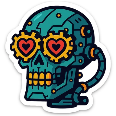 cyber skull with steampunk heart eyes sticker