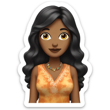 Tanned woman with black hair dressed in 1970s hippie attire, hair, makeup, and attire sticker