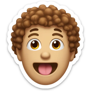emoji with brown fluffy hair, a smiling mouth with a really big tongue sticker