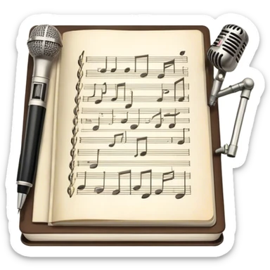Create an emoji representing songwriting. The design should feature an open notebook or sheet music with visible lyrics between the musical notes, symbolizing the process of writing song lyrics. The text between the notes should be clearly visible. A pen or pencil should be placed near the notebook, indicating active writing. Optionally, include a vintage microphone lying beside the notebook (not on the music notes) to add a creative touch. Use a harmonious color palette with warm and neutral tones. Do not include any emojis or smiley faces. Make the background transparent. sticker
