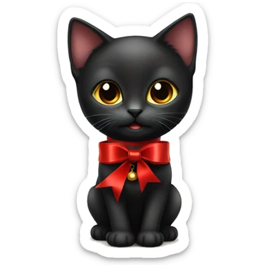 Elegant black kitten with red ribbon around its neck and a bell collar  sticker