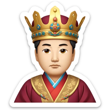 Cinematic Realistic King Sejong Portrait Emoji, depicted as a wise benevolent monarch in traditional Korean royal attire with a thoughtful gaze, rendered with intricate textures and regal soft lighting that captures his historical significance. sticker