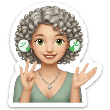 silver, short, wavy-haired with curls, smiling pretty lady, hopeful with fingers crossed on one hand, green/brown eyes sticker