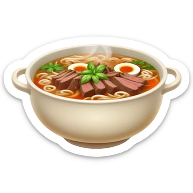 Cinematic Realistic Pho Dish Emoji, depicted as a steaming bowl of aromatic beef noodle soup with herbs rendered with lifelike textures and vibrant, warm lighting. sticker