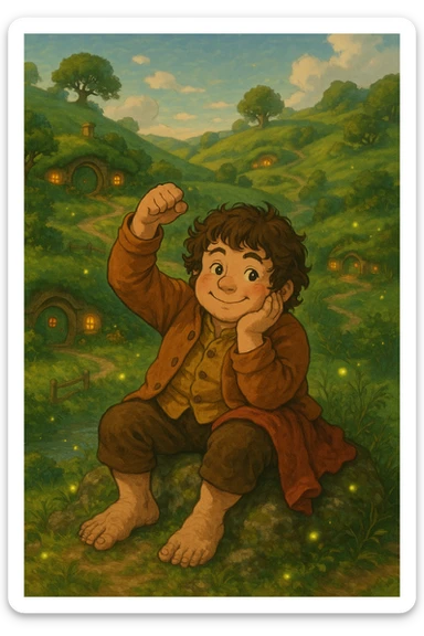 Transform the person into a hobbit from The Lord of the Rings with curly hair, a round face, wearing rustic hobbit clothing. Set the scene in a whimsical Shire-like fantasy landscape inspired by the movies, maintaining a whimsical and magical style. sticker
