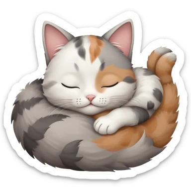 grey and white small cat with eyes closed lying down upside down tightly hugging its own face sticker