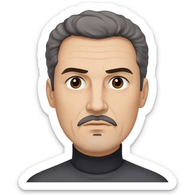 Man in his 50s with light brown complexion. Strong square jaw. Stern dark eyes with intense gaze. Thick eyebrows in a focused expression. Black goatee with gray streaks. Short curly dark hair with receding hairline. No smile, authoritative look. Wearing a black turtleneck. sticker