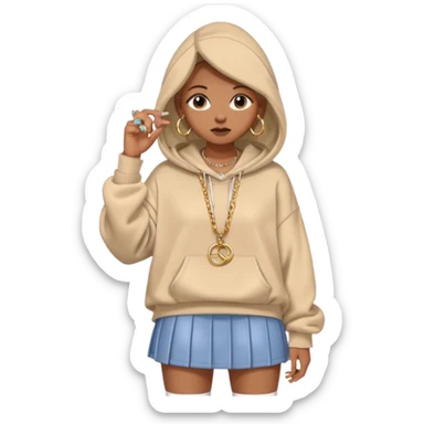 think oversized hoodie over a mini skirt, chunky sneakers grounding the look, and maybe a few layered necklaces or rings to flex a little personality. Sometimes she goes edgy with a leather jacket and ripped jeans, other times soft with flowy dresses or pastel cardigans. sticker