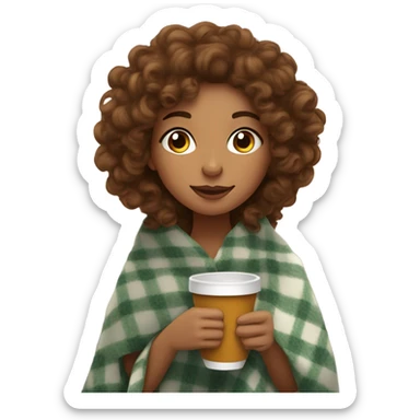 Tan skin Brown curly hair Girl drinking cup of tea, with a cozy blanket sticker