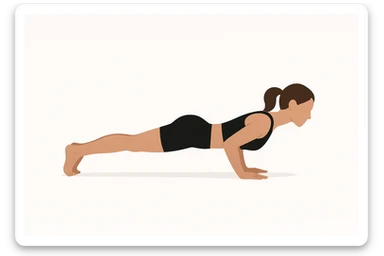 Minimalist flat vector illustration of a woman doing yoga (Four Limbed Staff ), wearing sportswear (black top and black shorts), brown hair pulled back into a ponytail, clean white background, no face details, elegant style sticker