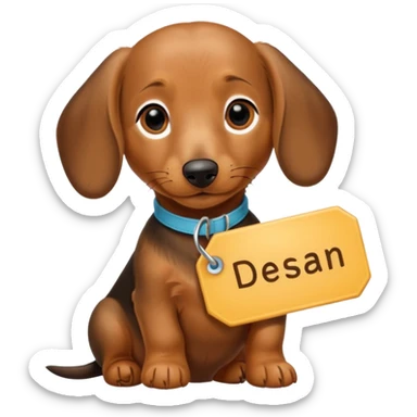 Dachshund puppy with name tag that has the text DeSean on it sticker